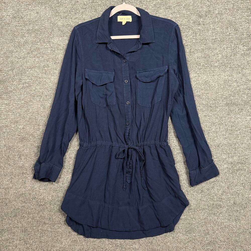 Cloth & Stone Medium Drawstring Romper Button Up Tunic Shirt Black Long Sleeves‎